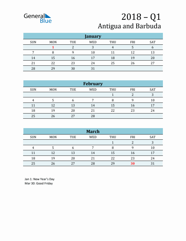 Three-Month Planner for Q1 2018 with Holidays - Antigua and Barbuda