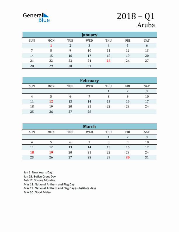 Three-Month Planner for Q1 2018 with Holidays - Aruba