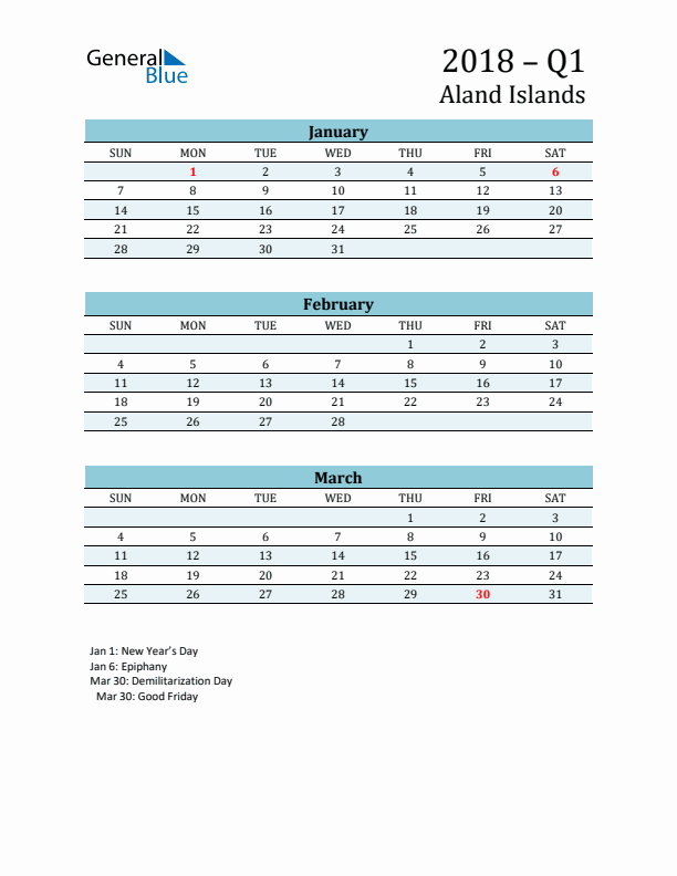 Three-Month Planner for Q1 2018 with Holidays - Aland Islands
