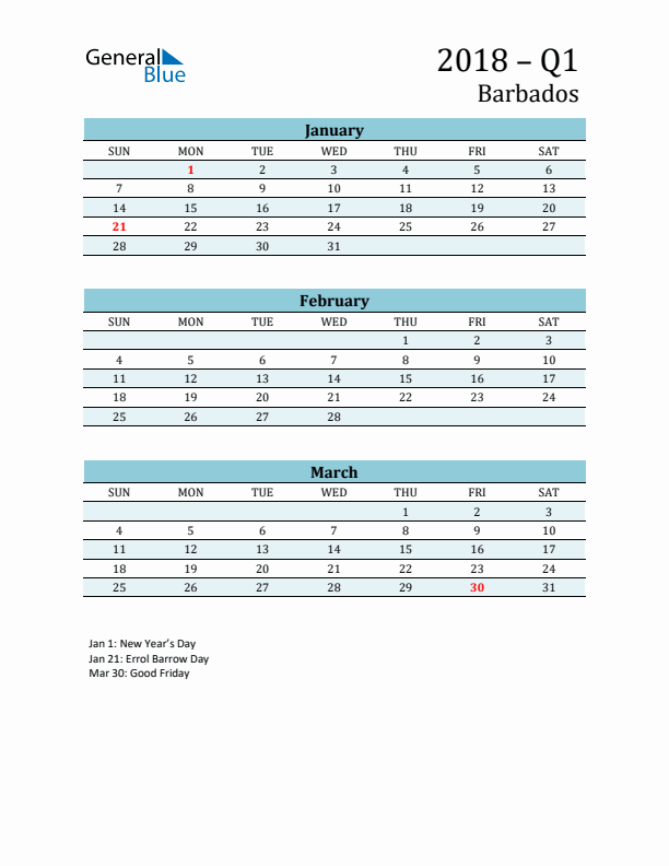 Three-Month Planner for Q1 2018 with Holidays - Barbados