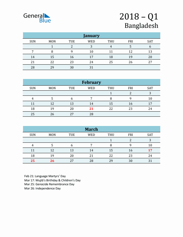 Three-Month Planner for Q1 2018 with Holidays - Bangladesh