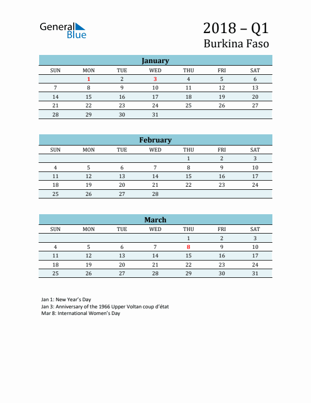 Three-Month Planner for Q1 2018 with Holidays - Burkina Faso