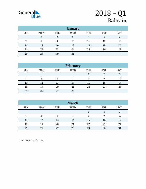 Three-Month Planner for Q1 2018 with Holidays - Bahrain