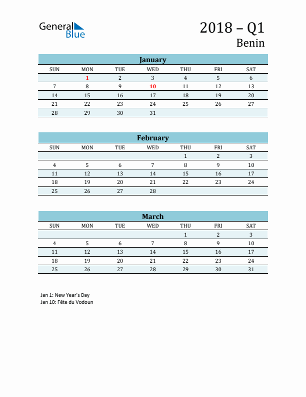 Three-Month Planner for Q1 2018 with Holidays - Benin