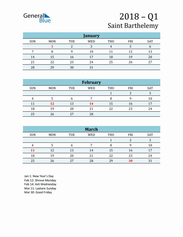 Three-Month Planner for Q1 2018 with Holidays - Saint Barthelemy