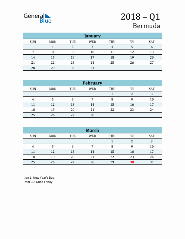 Three-Month Planner for Q1 2018 with Holidays - Bermuda