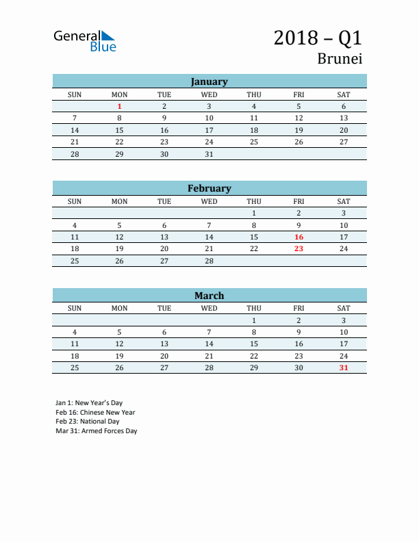 Three-Month Planner for Q1 2018 with Holidays - Brunei