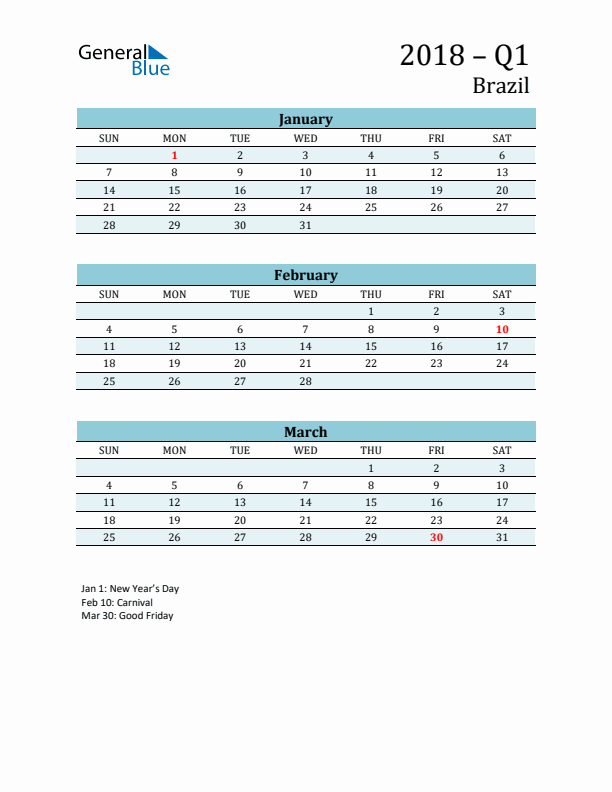 Three-Month Planner for Q1 2018 with Holidays - Brazil