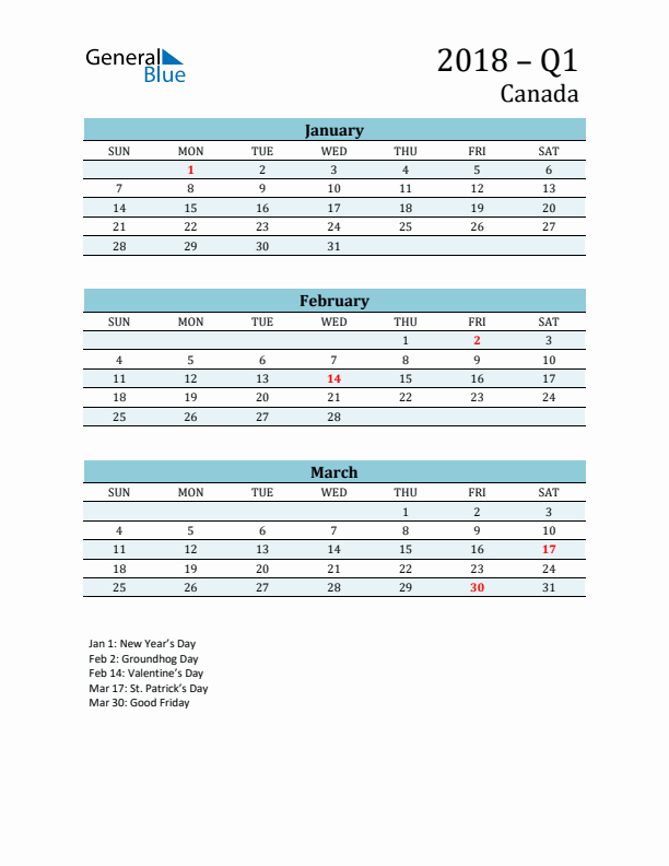 Three-Month Planner for Q1 2018 with Holidays - Canada