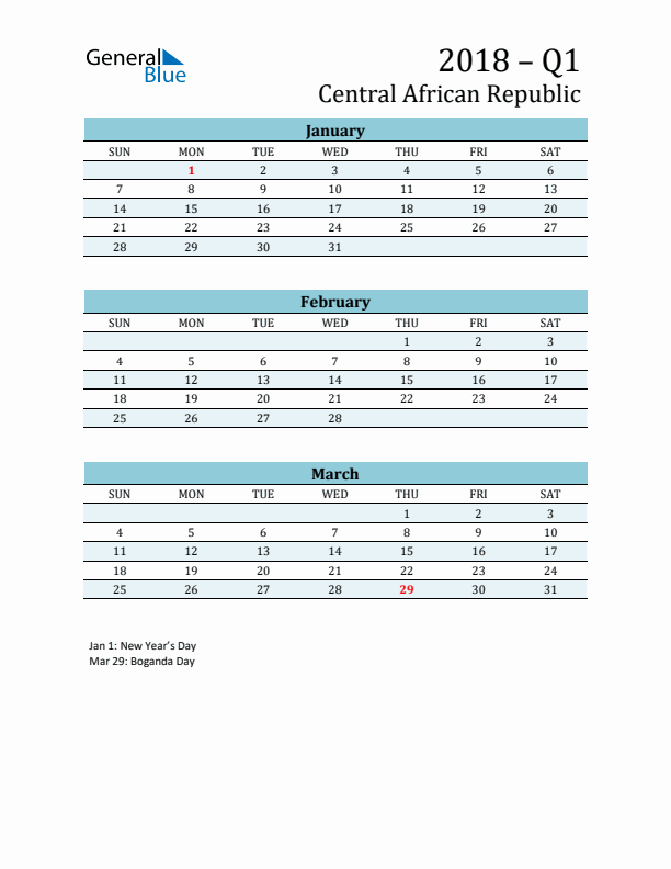 Three-Month Planner for Q1 2018 with Holidays - Central African Republic