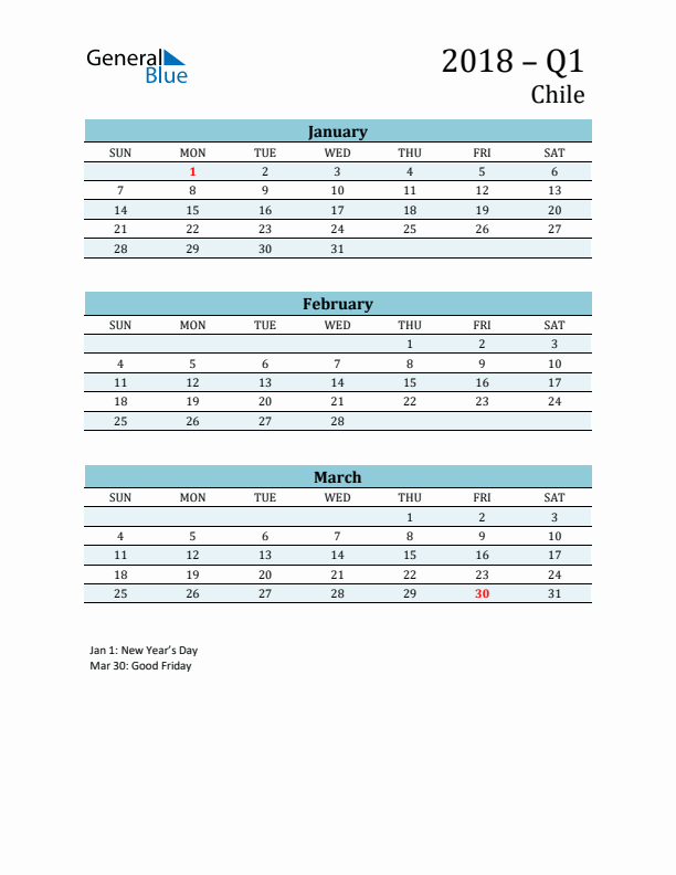 Three-Month Planner for Q1 2018 with Holidays - Chile