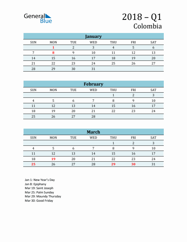 Three-Month Planner for Q1 2018 with Holidays - Colombia