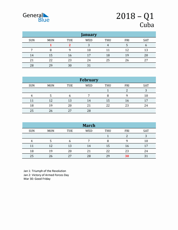 Three-Month Planner for Q1 2018 with Holidays - Cuba