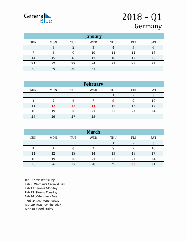 Three-Month Planner for Q1 2018 with Holidays - Germany