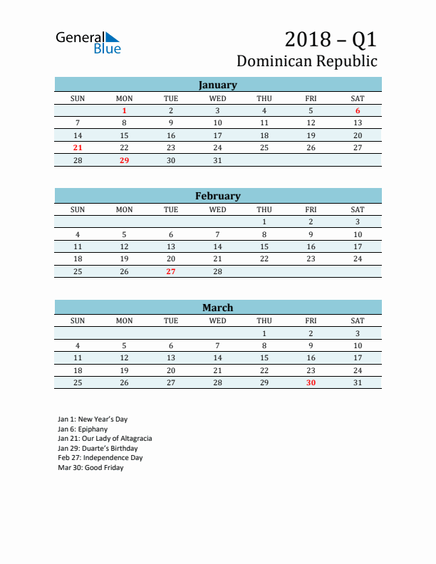 Three-Month Planner for Q1 2018 with Holidays - Dominican Republic