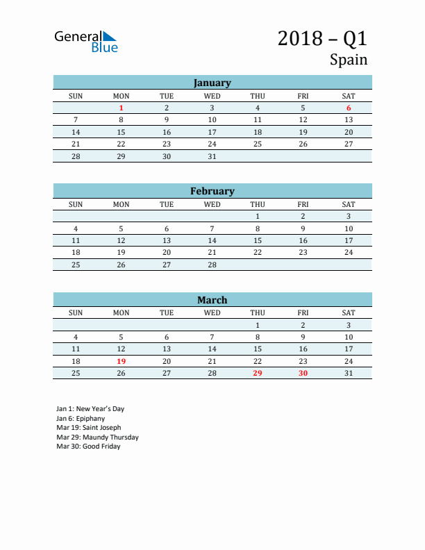 Three-Month Planner for Q1 2018 with Holidays - Spain