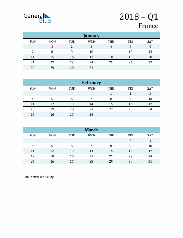 Three-Month Planner for Q1 2018 with Holidays - France