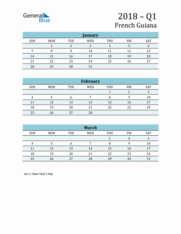 Three-Month Planner for Q1 2018 with Holidays - French Guiana