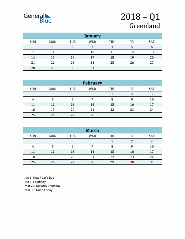 Three-Month Planner for Q1 2018 with Holidays - Greenland