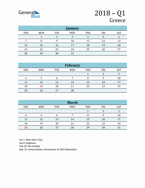 Three-Month Planner for Q1 2018 with Holidays - Greece