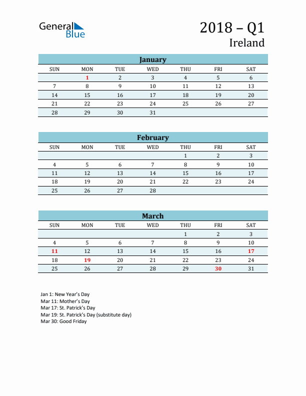 Three-Month Planner for Q1 2018 with Holidays - Ireland