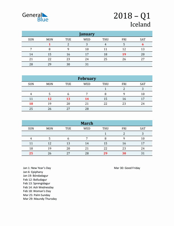 Three-Month Planner for Q1 2018 with Holidays - Iceland