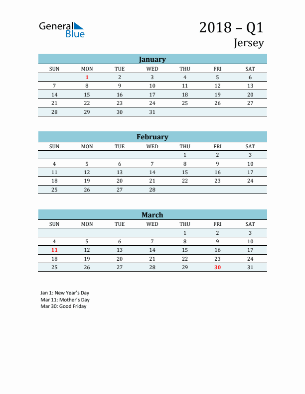 Three-Month Planner for Q1 2018 with Holidays - Jersey