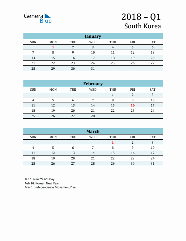 Three-Month Planner for Q1 2018 with Holidays - South Korea