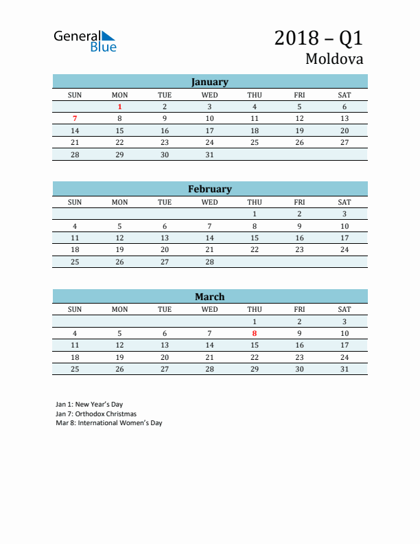 Three-Month Planner for Q1 2018 with Holidays - Moldova