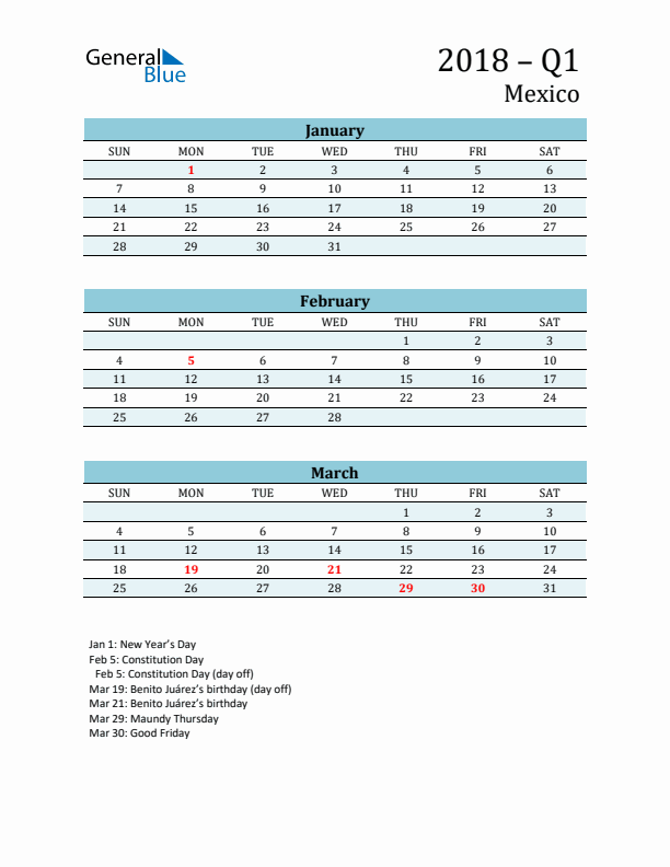 Three-Month Planner for Q1 2018 with Holidays - Mexico
