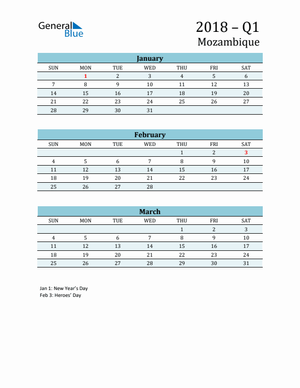 Three-Month Planner for Q1 2018 with Holidays - Mozambique