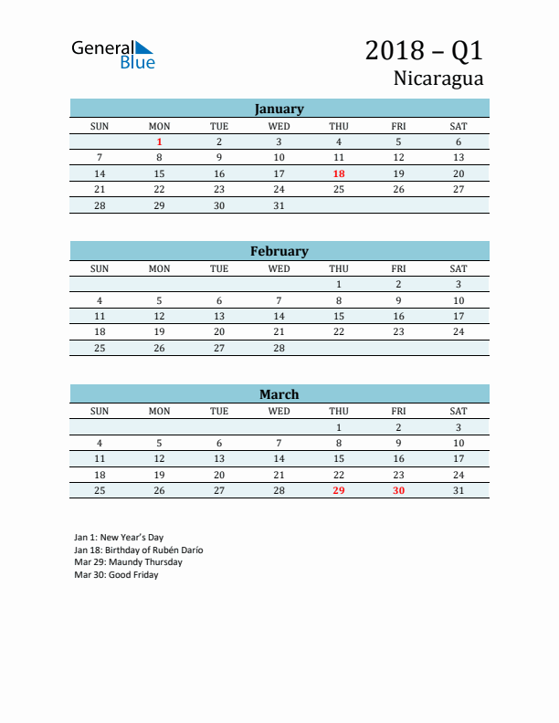 Three-Month Planner for Q1 2018 with Holidays - Nicaragua