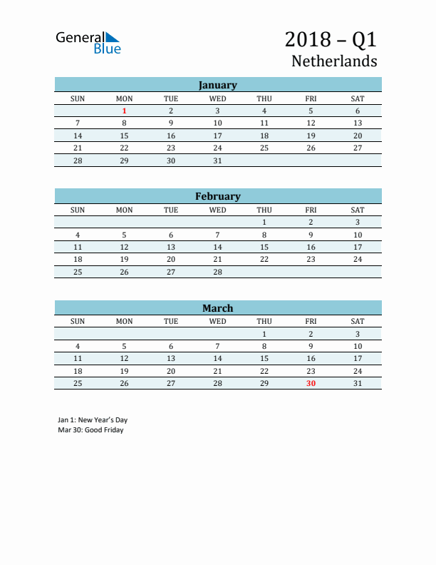 Three-Month Planner for Q1 2018 with Holidays - The Netherlands