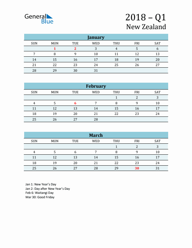 Three-Month Planner for Q1 2018 with Holidays - New Zealand