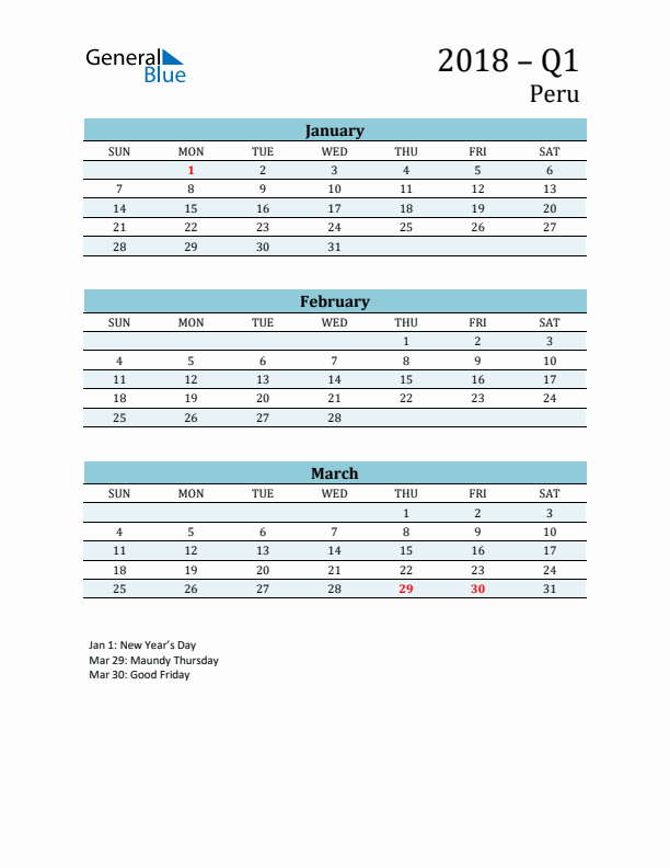 Three-Month Planner for Q1 2018 with Holidays - Peru
