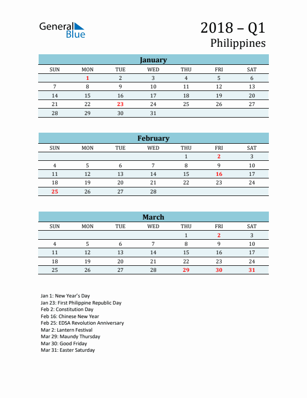 Three-Month Planner for Q1 2018 with Holidays - Philippines