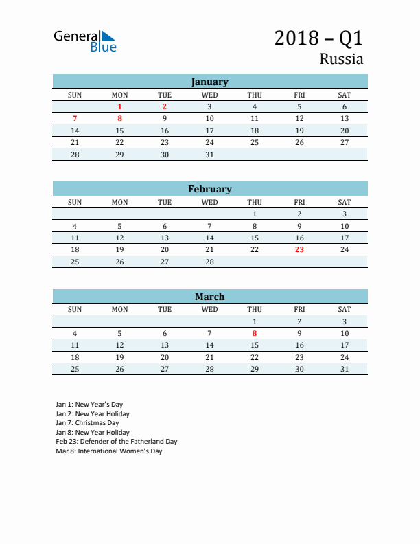 Three-Month Planner for Q1 2018 with Holidays - Russia