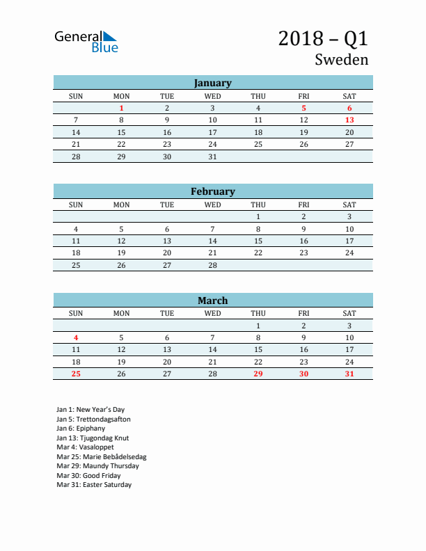Three-Month Planner for Q1 2018 with Holidays - Sweden