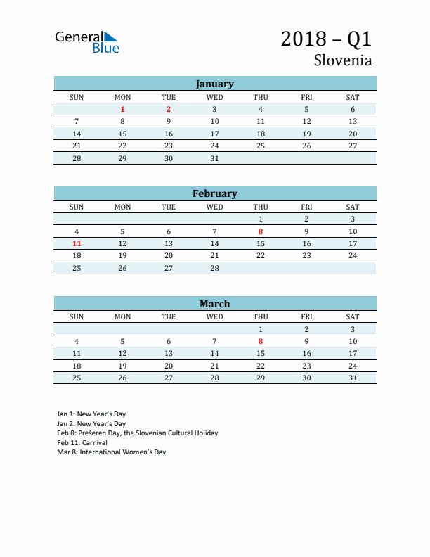 Three-Month Planner for Q1 2018 with Holidays - Slovenia