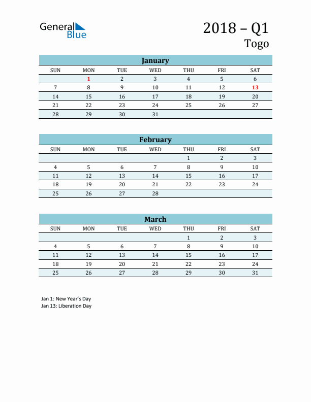 Three-Month Planner for Q1 2018 with Holidays - Togo