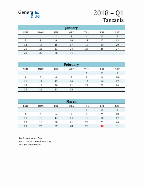 Three-Month Planner for Q1 2018 with Holidays - Tanzania
