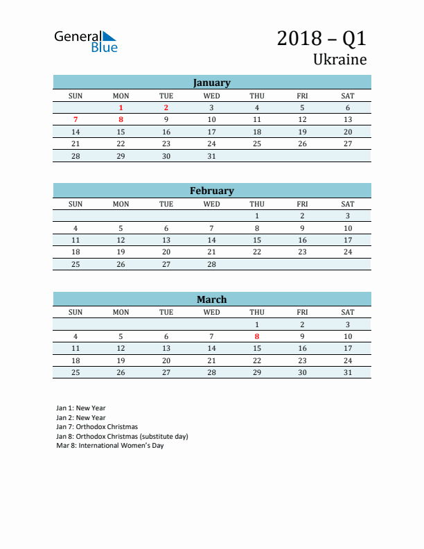 Three-Month Planner for Q1 2018 with Holidays - Ukraine