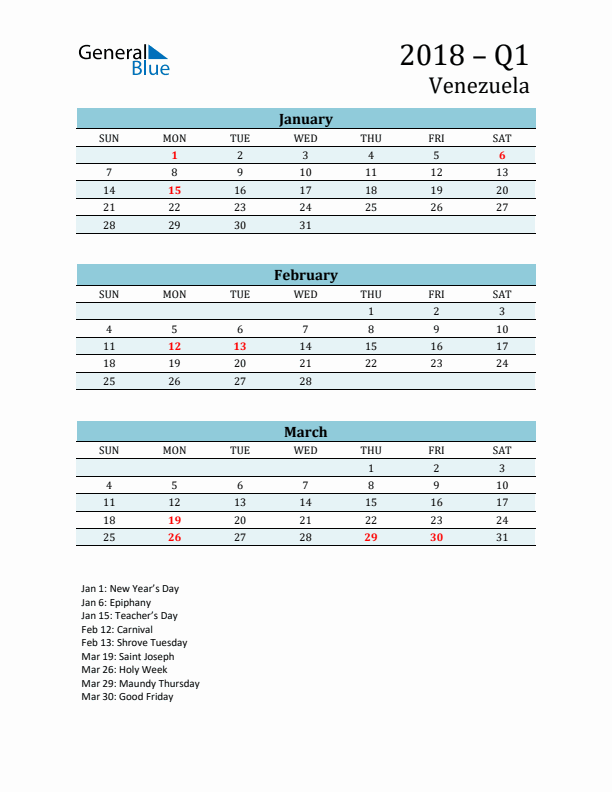 Three-Month Planner for Q1 2018 with Holidays - Venezuela