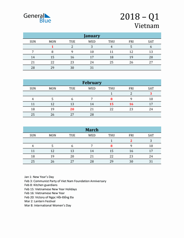 Three-Month Planner for Q1 2018 with Holidays - Vietnam