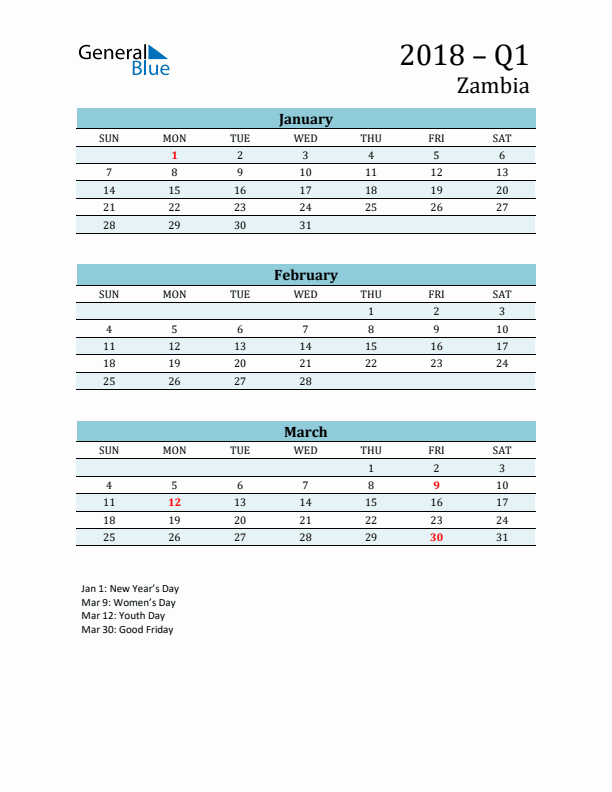 Three-Month Planner for Q1 2018 with Holidays - Zambia
