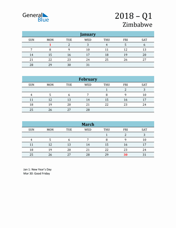 Three-Month Planner for Q1 2018 with Holidays - Zimbabwe