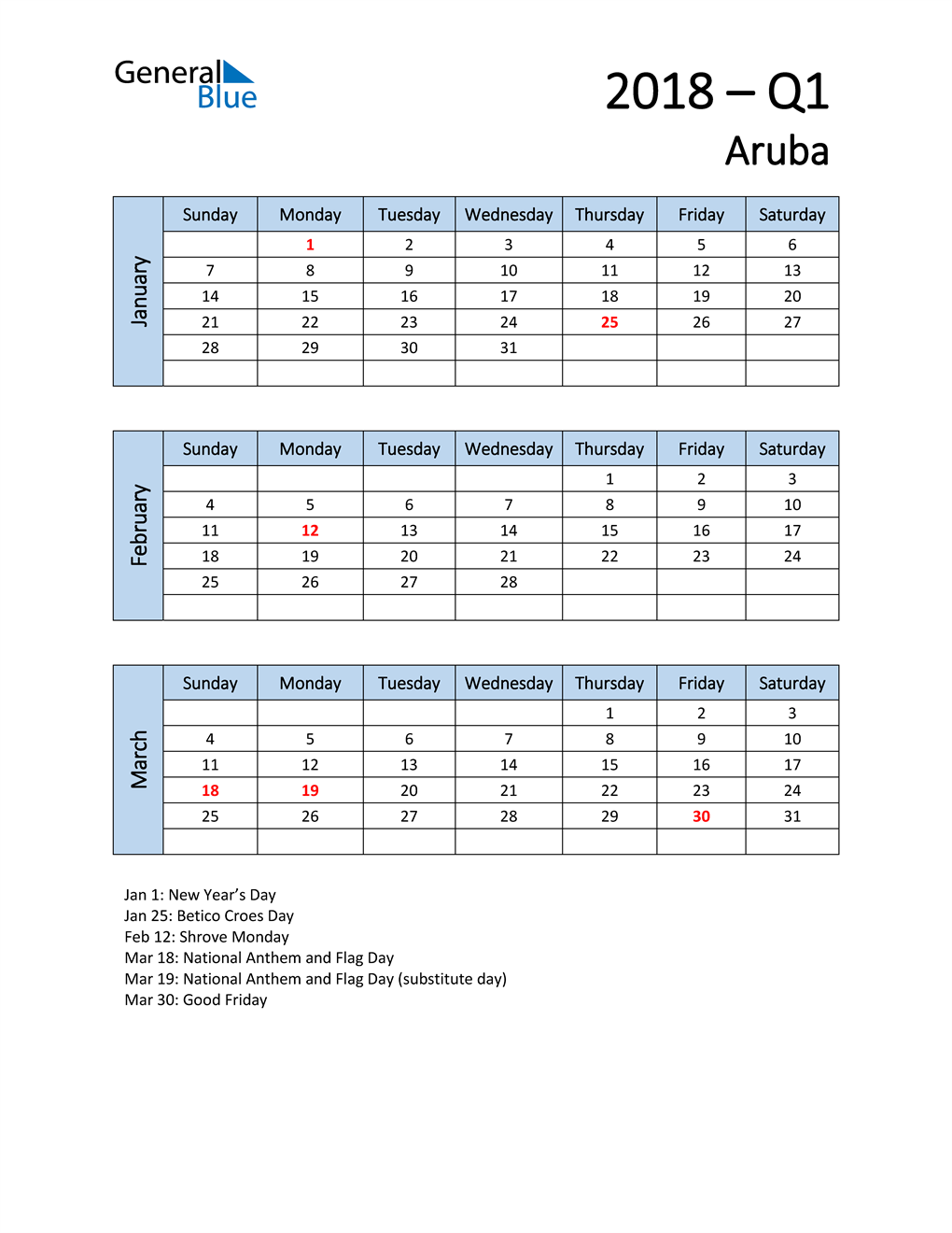  Free Q1 2018 Calendar for Aruba