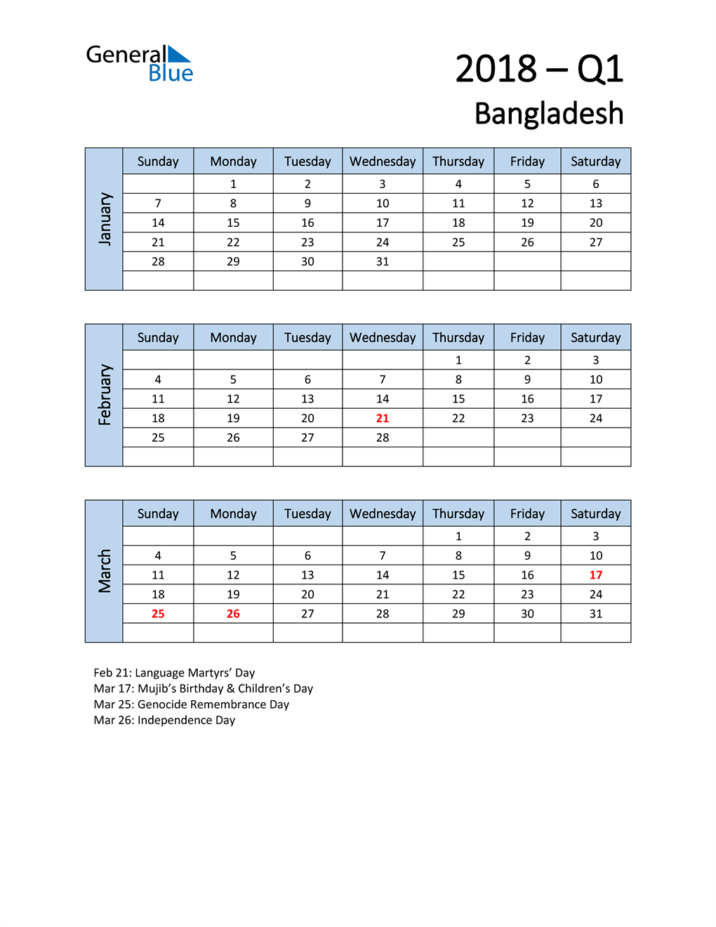  Free Q1 2018 Calendar for Bangladesh
