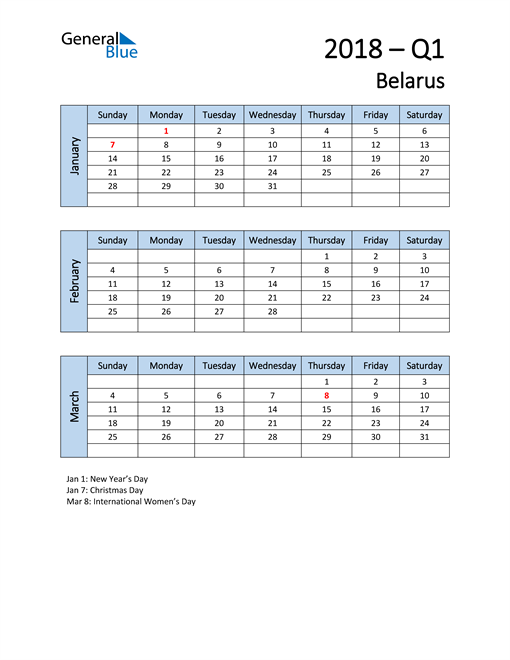  Free Q1 2018 Calendar for Belarus