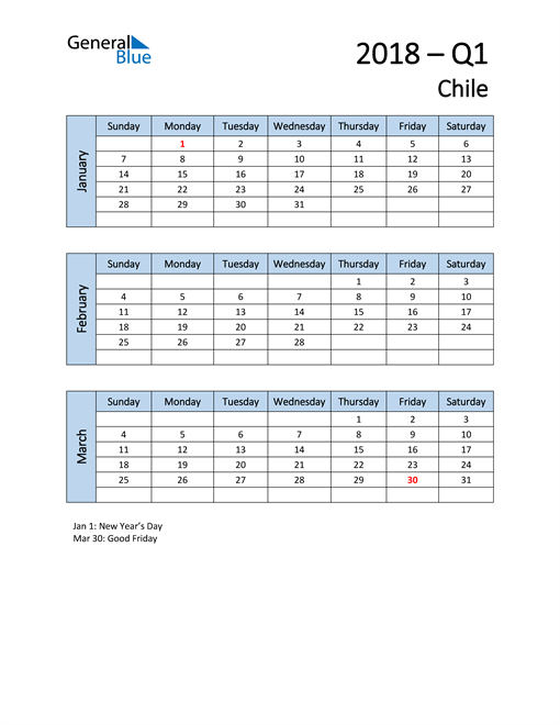  Free Q1 2018 Calendar for Chile